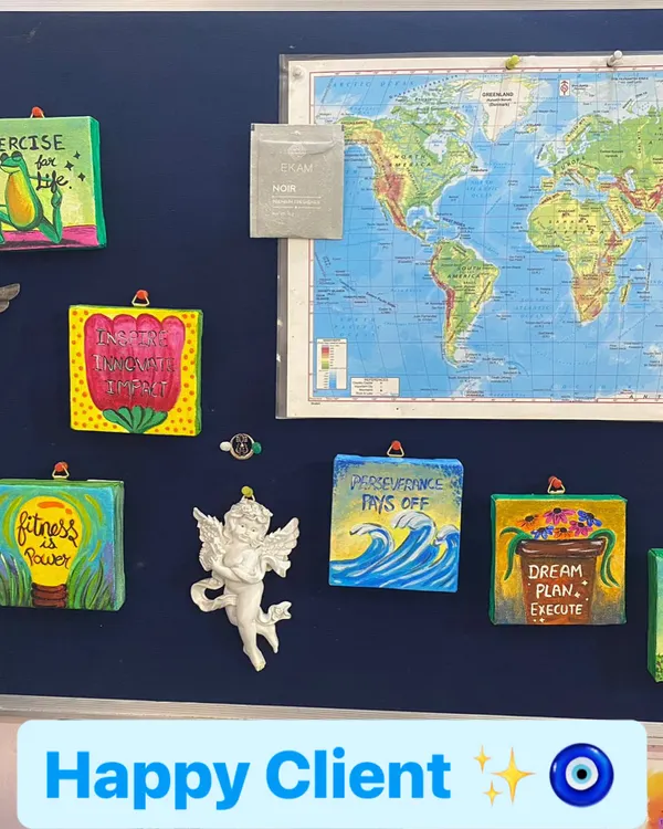 A happy client sent me this photo of their new mini canvases, and it made my day. Seeing my art become a source of daily motivation on someone's inspiration board is exactly why I create these small pieces.