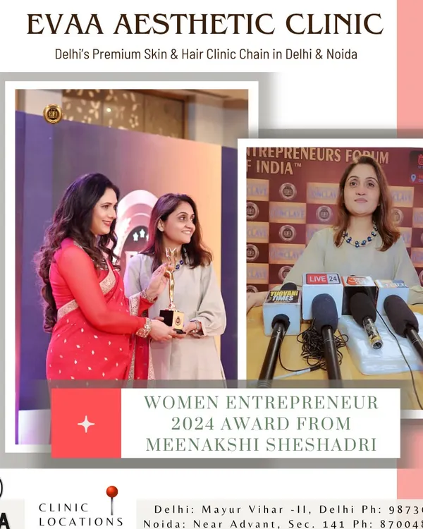 We are proud to share that our founder received the Women Entrepreneur 2024 award from Meenakshi Seshadri, a testament to our leadership and excellence in the aesthetics industry.