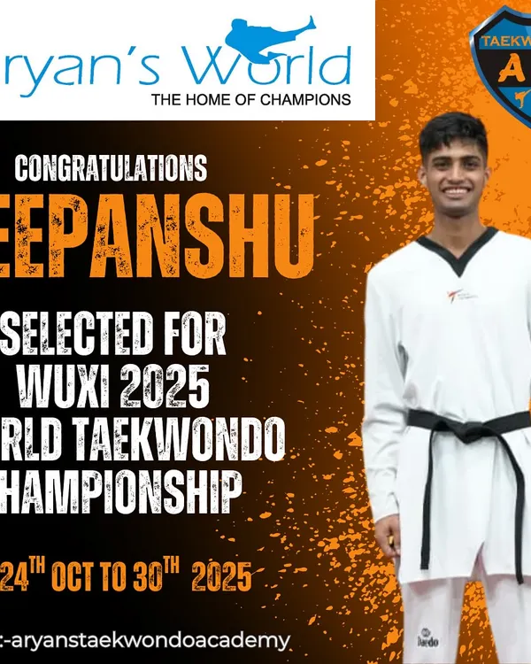 This is what we build. One of our champions, Deepanshu, selected for the WUXI 2025 World Taekwondo Championship. We train athletes to compete on the world stage.