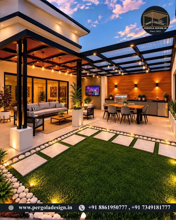 This is the hero item. A vision of luxury outdoor living, fully realized. This expansive terrace combines a sleek glass roof pergola for dining, a comfortable lounge area, and professional landscaping, all illuminated to create the perfect evening ambiance for family gatherings or quiet relaxation.