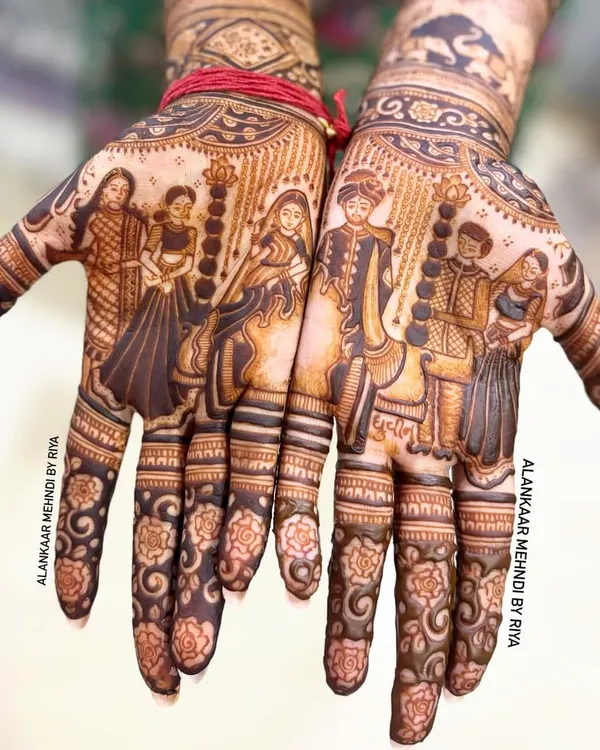 This custom bridal mehndi tells a story, with figures of the bride's family on one hand and the groom's family on the other, celebrating the union of two families.