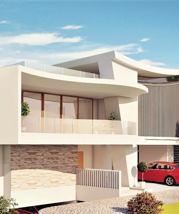 The facade of this home in Thanisandra features dramatic curved roofs and cantilevered balconies. This creates a sense of movement and provides shaded outdoor areas, enhancing the home's modern aesthetic.