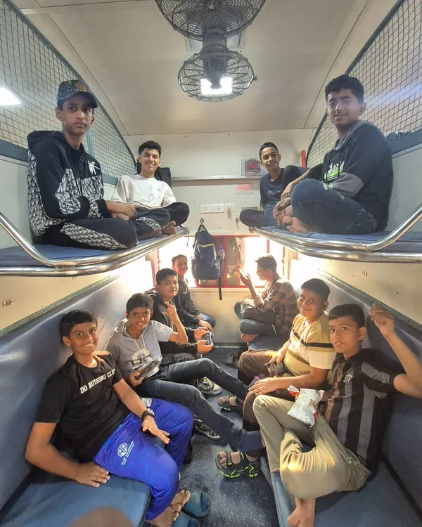 The journey is part of the adventure! Our Supreme Cricket Academy team traveling by train to Lonavala for the Disha Premier League, building friendships along the way.
