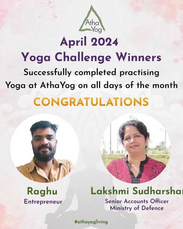 Congratulations to our April 2024 Yoga Challenge winners, Raghu and Lakshmi Sudharshan. Their dedication to practicing every day of the month is truly inspiring.