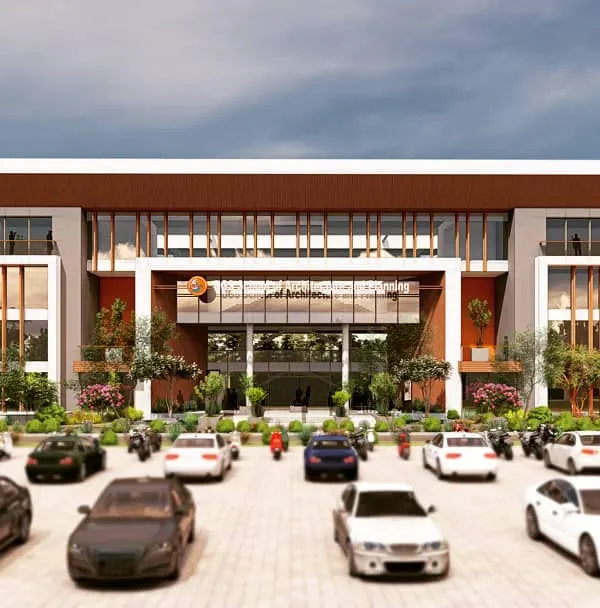 The front elevation render for the proposed BGS School of Architecture and Planning. The design presents a symmetrical and imposing facade, communicating the institution's prestige, with extensive glass to create a sense of transparency and connection to the outdoors.
