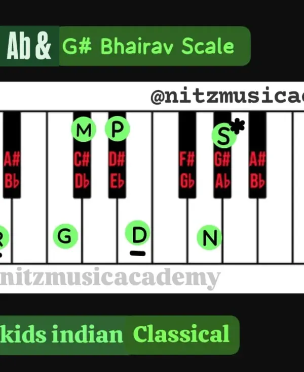 We teach kids about the powerful connection of Indian classical music to the soul. This is a simple chart of the G# Bhairav scale, a raga born from Lord Shiva, which we teach to our students.