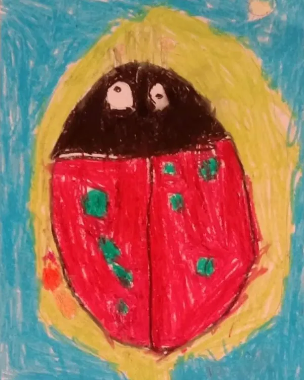 This ladybug drawing by a preschooler demonstrates how we teach basic shapes like ovals and circles. There is a clear logic to our method, even for the youngest artists.
