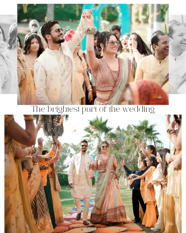 The grand entrance of the couple at their Haldi ceremony. Surrounded by cheering family and a shower of petals, this shot is full of energy and happiness.