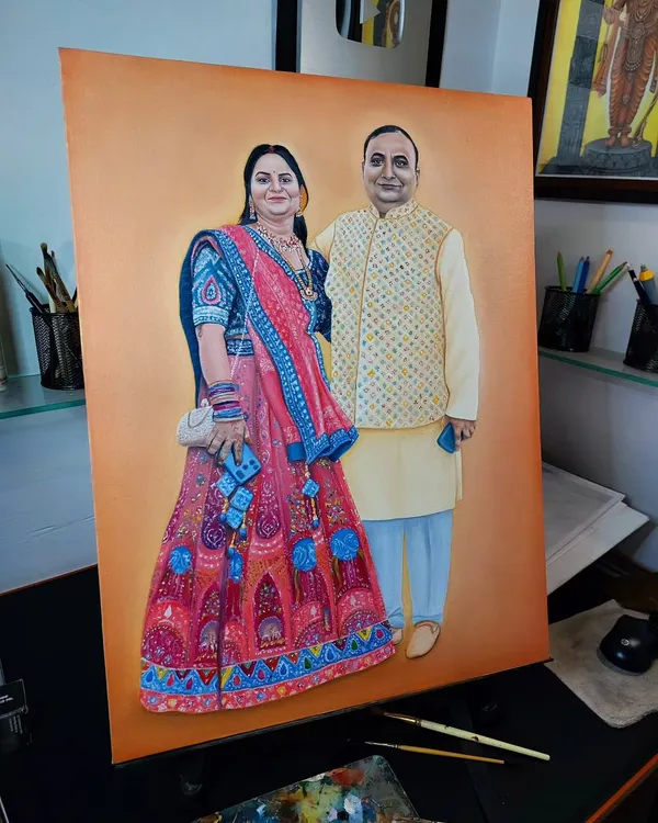 This custom oil painting of a couple was a special commission from Uttar Pradesh. I focused on capturing the rich details of their traditional attire and their happy expressions, creating a perfect anniversary gift art on a 1.5x2 feet canvas.