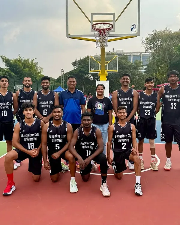 Posing with Team Bangalore City University for the South Zone Inter-University tournament in 2024.