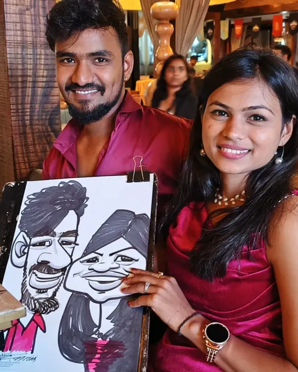 A fantastic couple caricature from a corporate get-together at the 2BHK Diner & Keyclub in Pune. Live drawing is a great icebreaker and adds a dynamic energy to any professional event.
