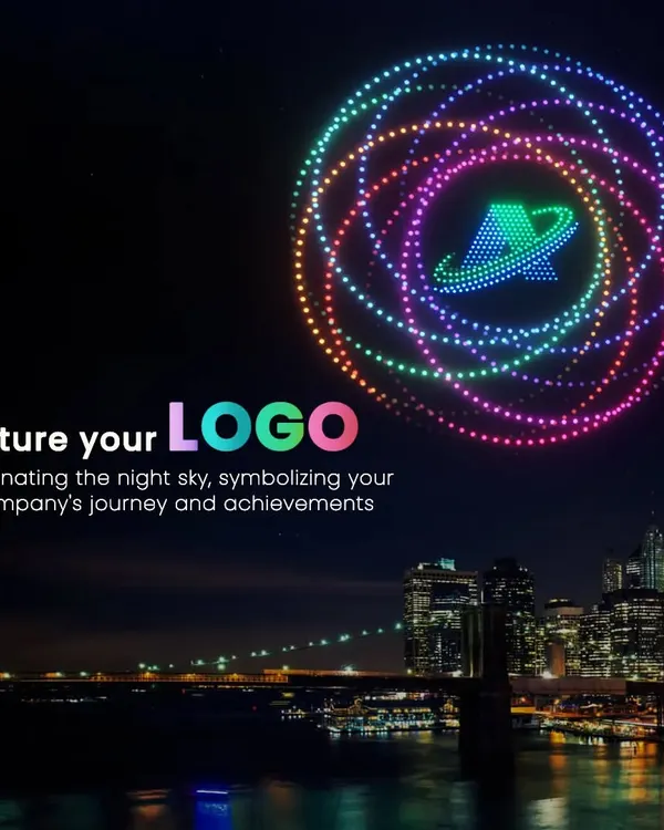 Imagine your company's logo illuminating the night sky over a city skyline. This image shows how we can create a powerful symbol of your brand's journey and achievements for all to see.