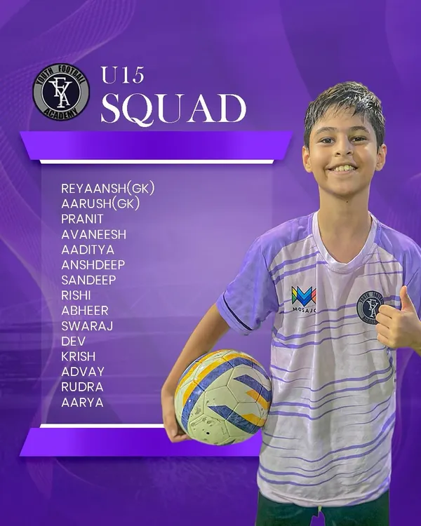 Introducing our talented U15 squad. This graphic lists the players, from goalkeepers to strikers, who are ready to take on the Youth Championship.