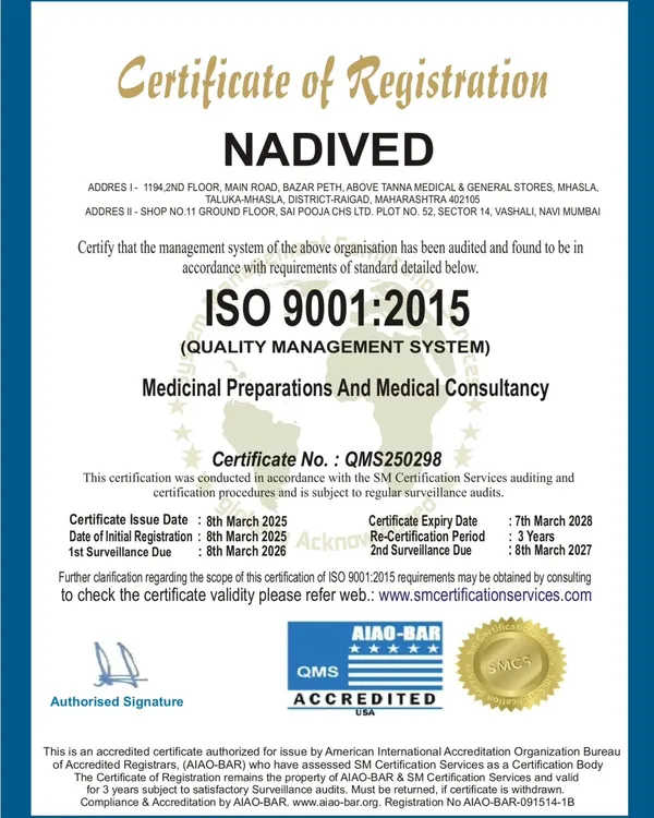 We are proud to be an ISO 9001:2015 certified clinic for Medicinal Preparations and Medical Consultancy. This certification reflects our unwavering commitment to maintaining the highest standards of quality and care.