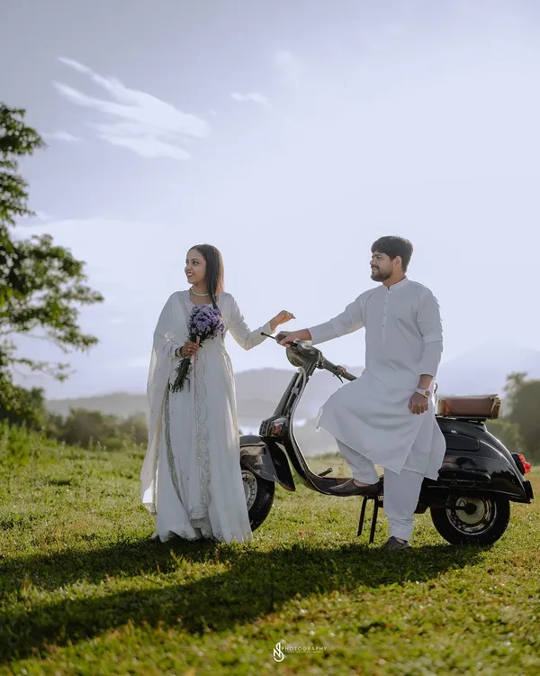 A vintage scooter adds a touch of retro charm to this pre-wedding shoot in the hills. I'm always open to incorporating props that are meaningful to you.