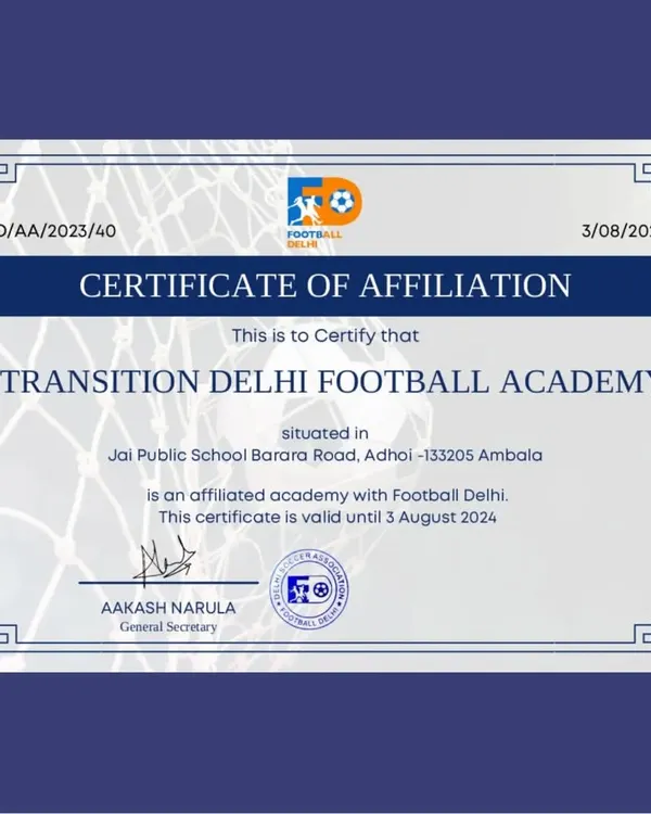 The official Certificate of Affiliation from Football Delhi. This document certifies my academy's status and is valid until August 2024, ensuring we meet the highest standards.