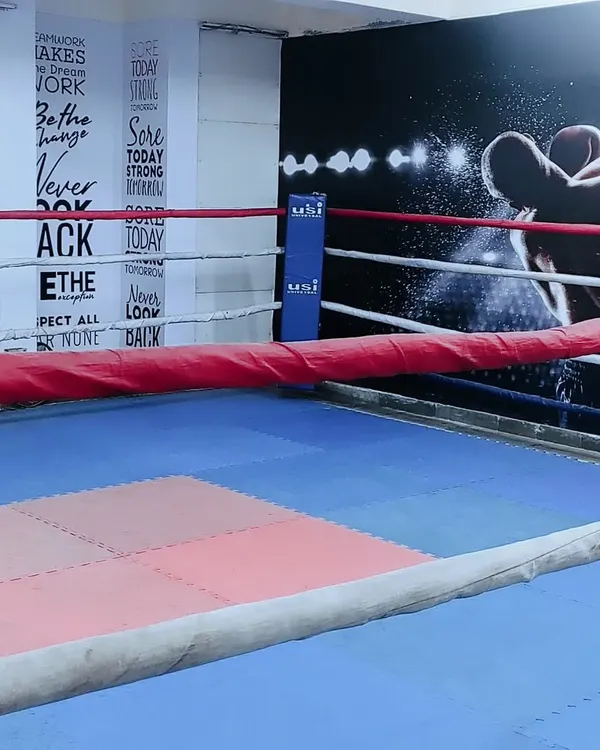A view of our full-size boxing ring. This is where our students learn ring craft and put their training to the test.