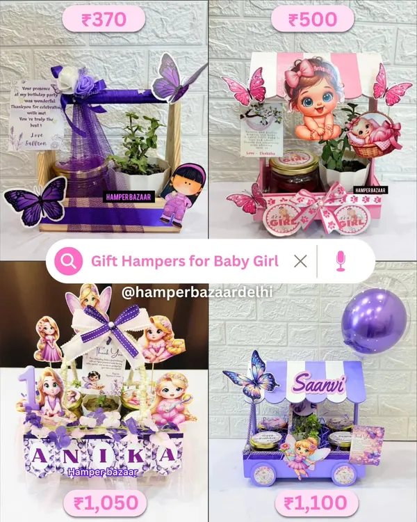 A showcase of our beautiful gift hampers for baby girls, with prices starting from just ₹370.