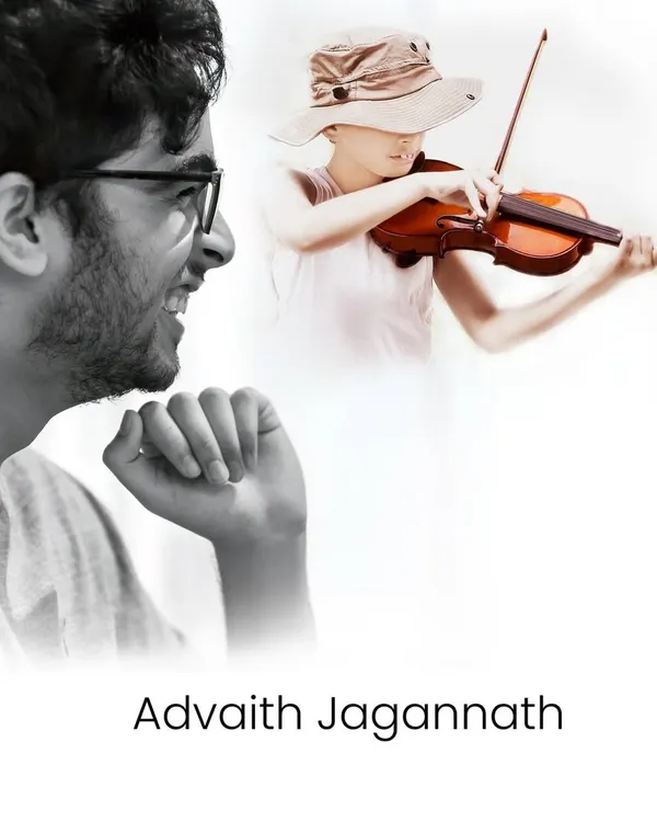 This composite image tells the story of Advaith Jagannath, a gifted young musician who won the BBC Young Composer of the year award. It blends a recent candid shot with an older photo of him as a child with his violin, celebrating his journey.