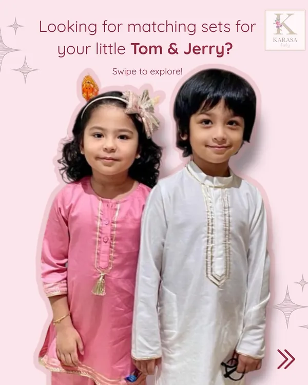 For your little Tom and Jerry, I create coordinated sets that capture their playful energy. This pink kurta for her and classic white for him is just one example of how I customize sibling outfits.
