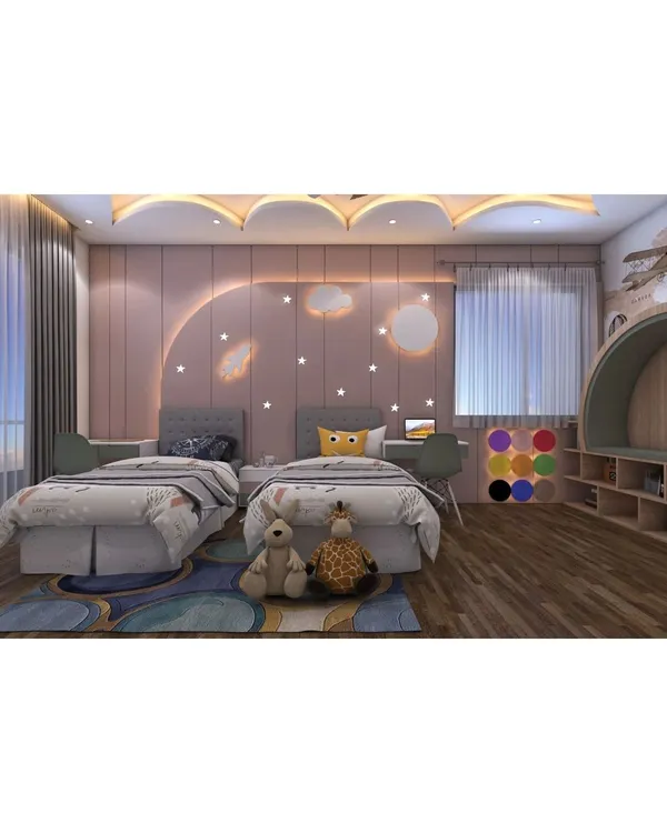 A whimsical shared bedroom for kids, featuring a space-themed wall decal and cozy bedding. The design includes two beds, a shared desk space, and plenty of storage, making it both fun and functional.