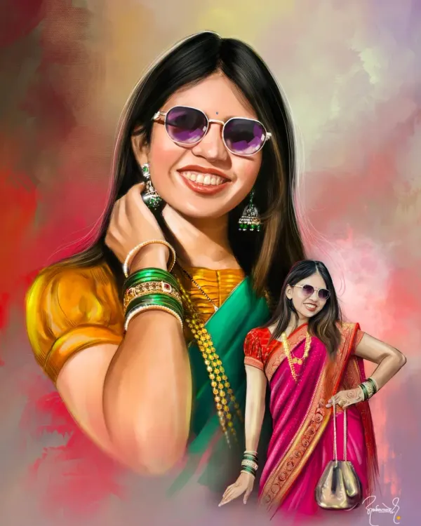 This custom digital portrait is a celebration of joy and tradition. I focused on creating a painterly effect with vibrant colors to capture her bright personality, blending a modern portrait with a full-length traditional look to create a complete and personal piece of art.