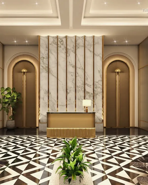 The lift lobby at Empire Tower, where Art Deco grandeur meets modern sophistication. The geometric floor, rich materials, and arched doorways create a timeless and opulent atmosphere, setting the tone for the residences above.