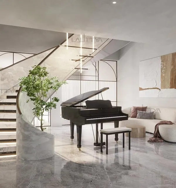 Where architecture becomes art. In this design concept, a grand piano sits at the base of a sculptural marble staircase, turning a transitional space into a focal point of poetry and presence.