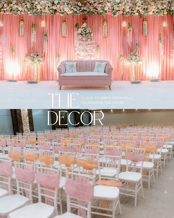 A collage showcasing the beautiful decor of an engagement ceremony, from the elegant stage setup with a pink sofa to the neatly arranged guest seating.