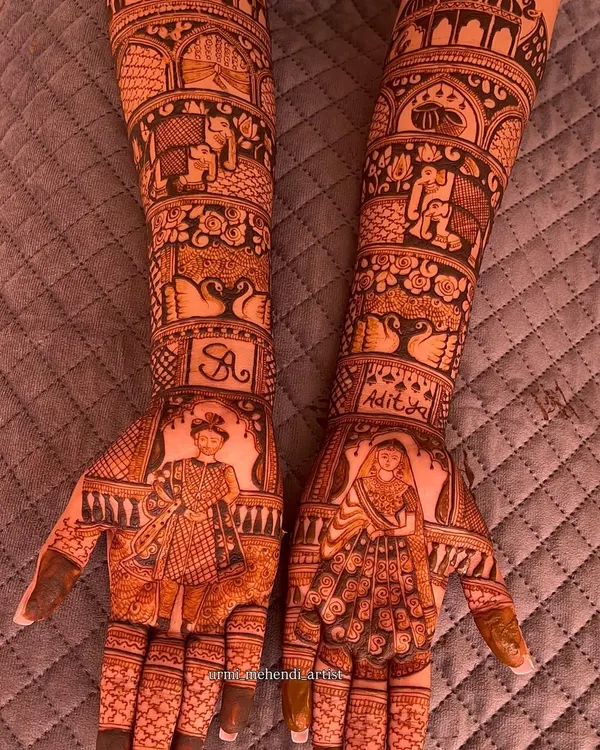 This full bridal mehendi tells a complete story, featuring detailed portraits of the bride and groom. I love working with couples to capture these moments, surrounded by traditional motifs like elephants and swans, making their henna truly one of a kind.