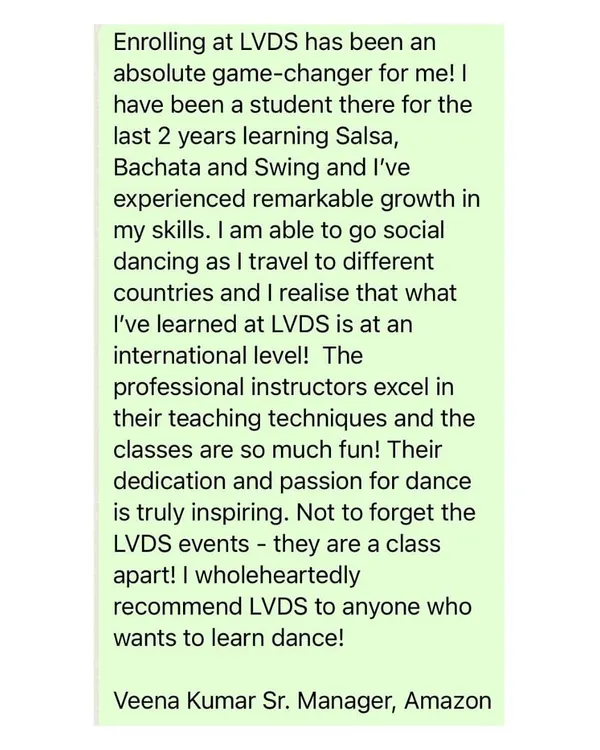 Veena, a Senior Manager at Amazon, shares how LVDS gave her international-level skills that she uses while social dancing across the world. We are proud to offer training that stands up on a global stage.