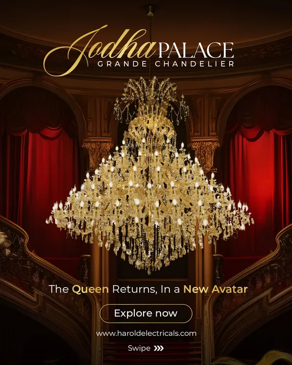 The Jodha Palace Grande Chandelier is the definition of royal grandeur. Standing 9 feet tall with 177 lights, this piece is designed to dominate a double-height space, creating a legacy of light.