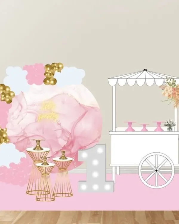 A digital mockup for a first birthday party, showing a pink floral backdrop, a marquee number "1", and a candy cart. This helps you visualize the setup.