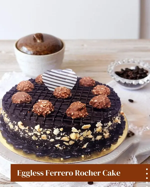 For the ultimate chocolate lover, my Eggless Ferrero Rocher Cake is a dream come true. It features a rich chocolate sponge, is topped with whole Ferrero Rocher chocolates, and is decorated with crunchy nuts.