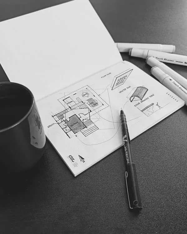 The beginning of a new project often looks like this: a sketchbook, a pen, and a cup of coffee. Here, I am exploring initial ideas for a farmhouse, translating thoughts into hand-drawn possibilities.