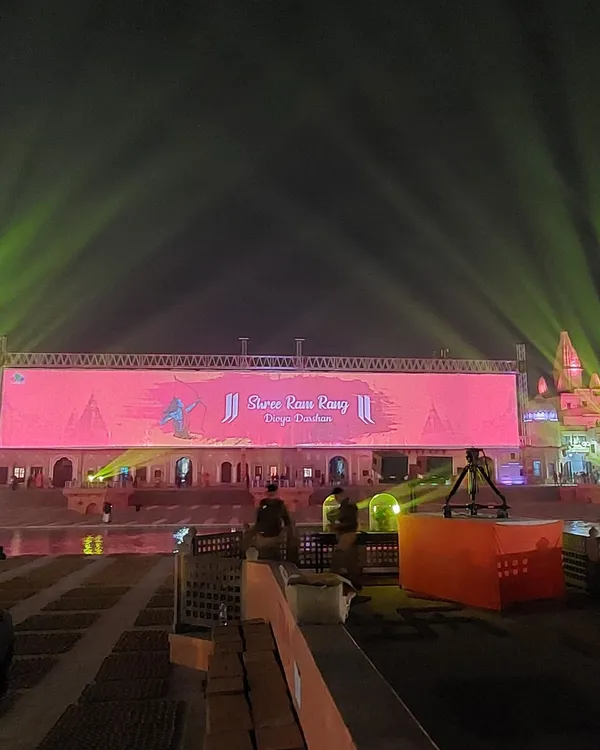 A panoramic view of the Shree Ram Rang Deepotsav in Ayodhya, showcasing the immense scale of our production capabilities. We provided the massive LED video wall, intricate lighting design, and a comprehensive sound system for this historic event.