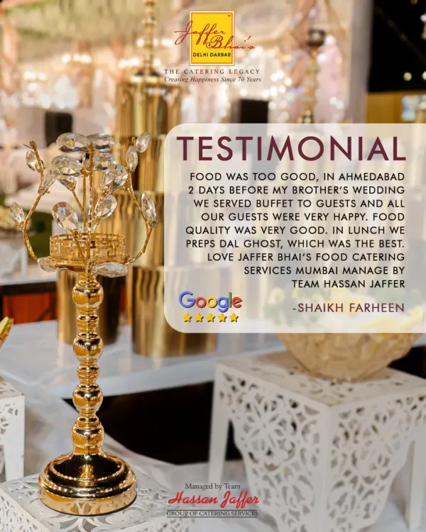A glowing 5-star Google review from a happy client whose brother's wedding we catered in Ahmedabad. They loved the food quality, especially our Dal Ghost, and the overall happiness of their guests.