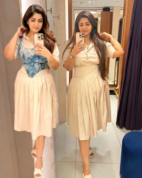 See the difference between simply wearing an outfit and styling it with intention. On the right, a minimal beige co-ord set. On the left, the same set is instantly elevated with a blue jacquard corset, changing the entire vibe.