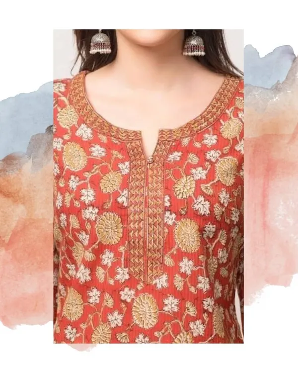 This close-up shows intricate threadwork and embroidery around the neckline of a custom kurti. I can create similar patterns or work with your ideas to add a personal touch of craftsmanship to your garment.