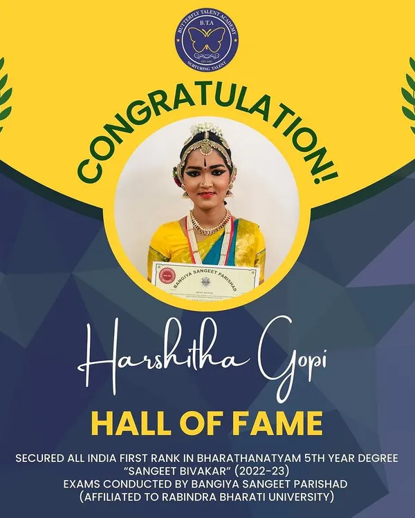 We celebrate the remarkable achievement of our student Harshitha Gopi, who is now in our Hall of Fame for securing the top All India rank in her Bharatanatyam degree examination.