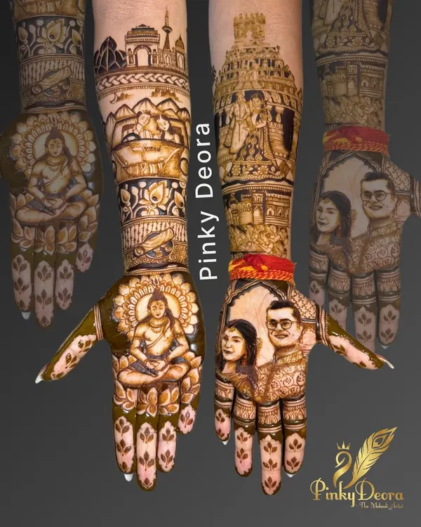 This bridal design was a complete South Indian love story told on two hands. It included portraits of the couple, Lord Shiva, a temple wedding scene, and even a dosa to represent their shared love for the food.