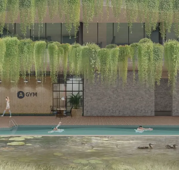 This render shows the accommodation block's pool and gym area, designed as a tranquil retreat. The cascading greenery and bio-pond create a resort-like atmosphere, offering a space for athletes and guests to unwind while staying connected to the campus.