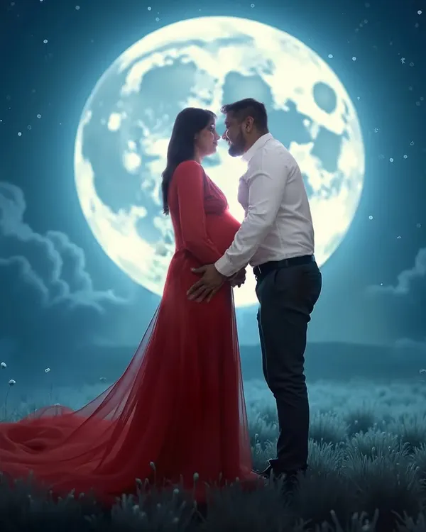 A romantic maternity portrait for a couple, silhouetted against a magical full moon backdrop. This creative shot is perfect for parents who want a touch of fairytale in their pregnancy photoshoot.