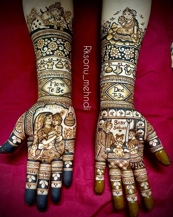 A complete and detailed baby shower design celebrating both parents. I included "Mom To Be" and "Dad To Be" text, portraits, and depictions of deities like Krishna and Lakshmi to shower the family with blessings.