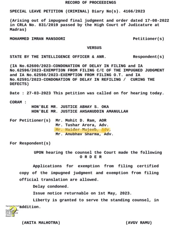 This is the record of proceedings for a Special Leave Petition I argued in the Supreme Court. The case involved a critical issue regarding the mandatory compliance of Section 50 of the NDPS Act.