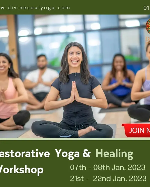 An announcement for our Restorative Yoga and Healing Workshop. These events are perfect for anyone looking to deepen their practice and prioritize their health and wellbeing.