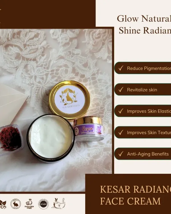 Our Kesar Radiance Face Cream is a wonderful remedy for pigmentation and dullness. Made with real saffron, it helps to revitalize your skin, improve elasticity, and restore a naturally radiant complexion.