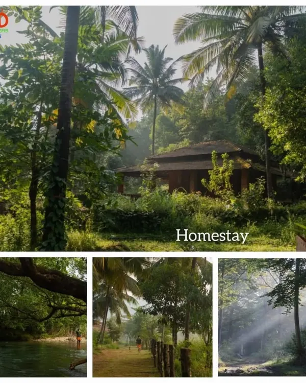 A collage showcasing the beautiful heritage homestay we use for our offbeat waterfall treks in Honnavara.