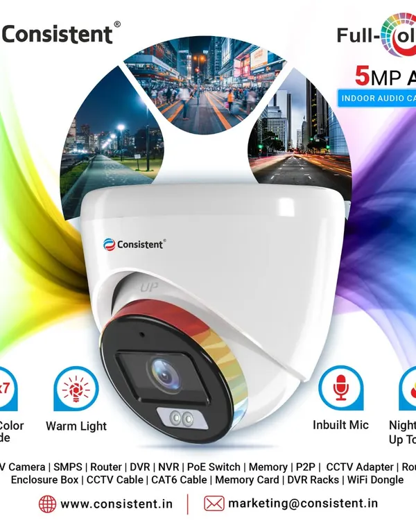 This 5MP AHD Indoor Dome Camera provides high-resolution surveillance with an inbuilt microphone. It features a 24/7 color mode and warm light for clear night color imaging up to 20 meters, making it ideal for monitoring indoor spaces around the clock.