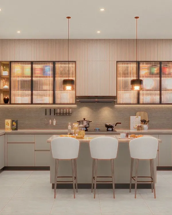 This is the kind of dream kitchen I can bring to life for you. This 3D design shows a spacious, modern kitchen with a central island and breakfast bar, perfect for family gatherings and entertaining. Notice the fluted glass cabinets and integrated lighting, details that add a touch of luxury.